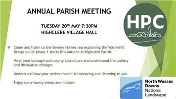 Highclere Annual Parish Meeting 20 May- meet the Bewley Homes rep